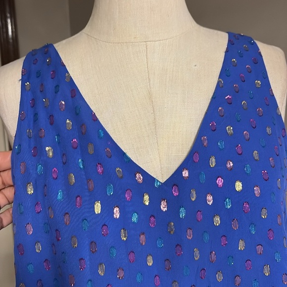 Lilly Pulitzer Florin SILK Royal Blue metallic polka dots Tank top V neck / back - Picture 3 of 12